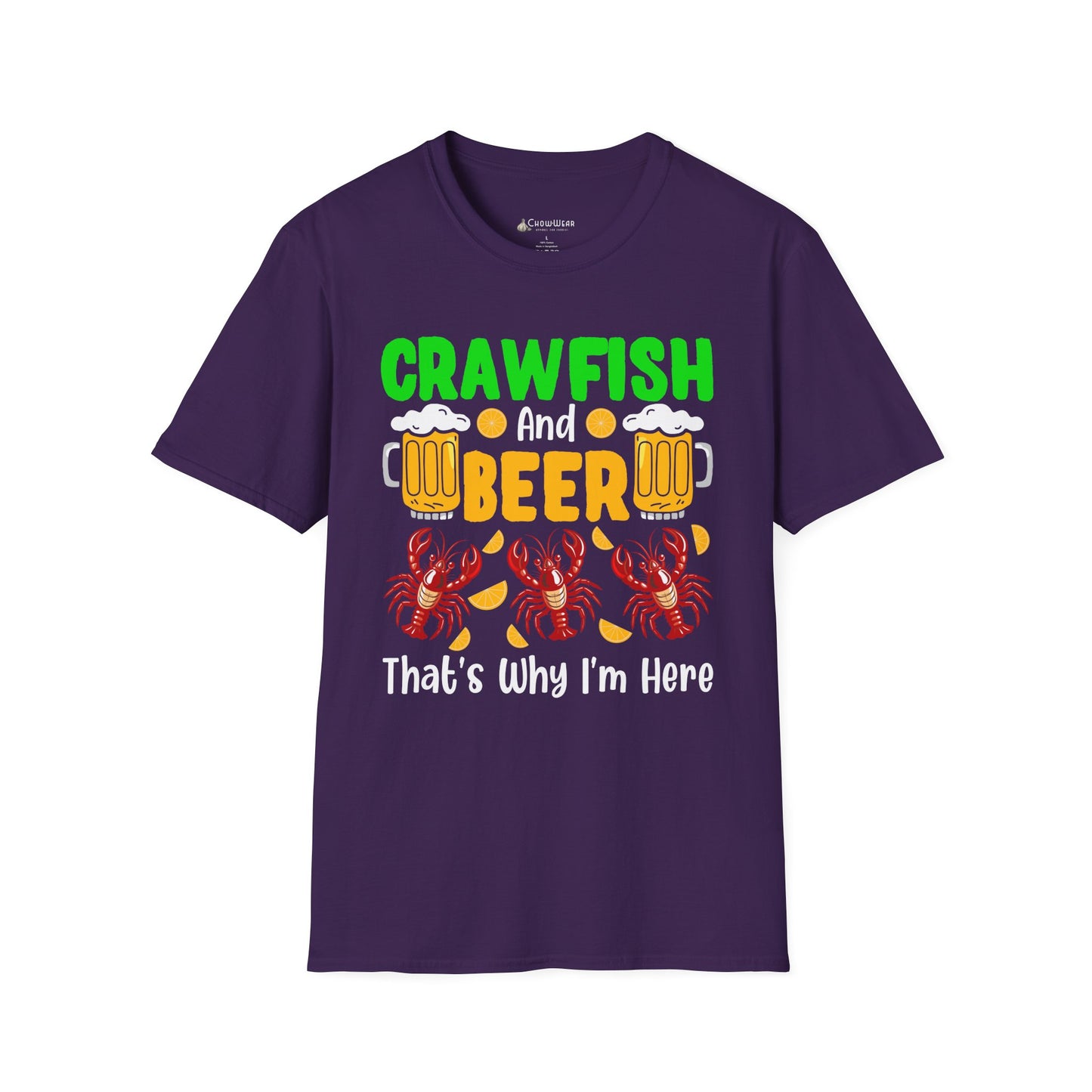 Mardi Gras T-Shirt – 'Crawfish And Beer That's Why I'm Here' Cajun Seafood Festival Tee
