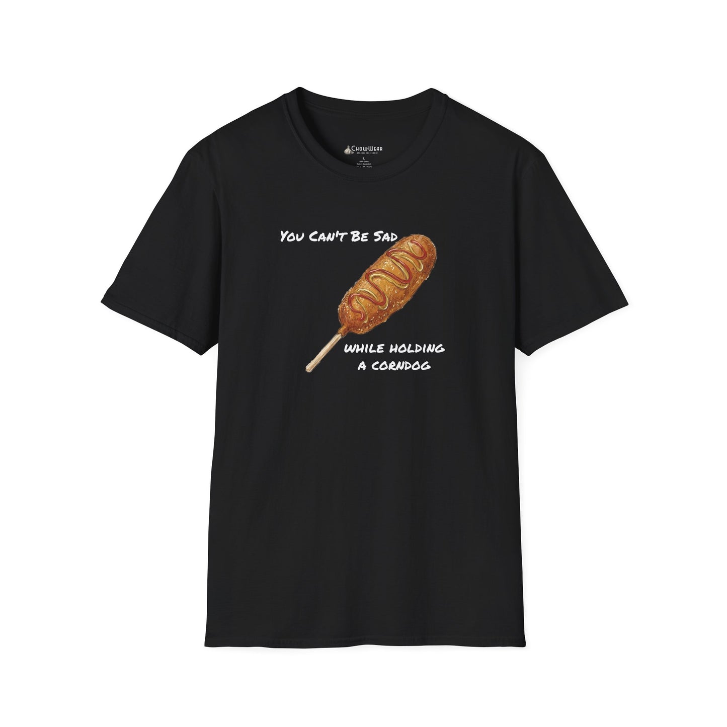 Corn Dog T-Shirt - "You Can't Be Sad While Holding a Corndog" Funny Hotdog Tee