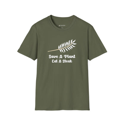 "Save A Plant, Eat A Steak" Retro Vegan Vegetarian Humor T-shirt