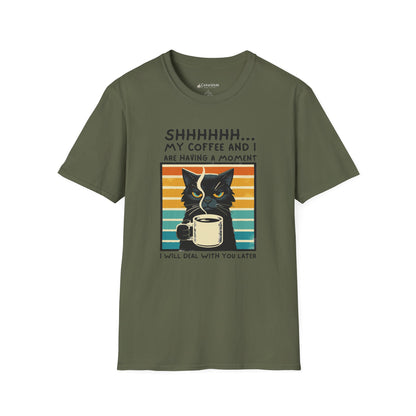 Cat Coffee T-Shirt – “Shhh… My Coffee and I Are Having a Moment” Funny Tee
