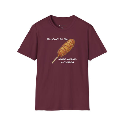 Corn Dog T-Shirt - "You Can't Be Sad While Holding a Corndog" Funny Hotdog Tee