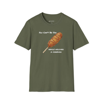 Corn Dog T-Shirt - "You Can't Be Sad While Holding a Corndog" Funny Hotdog Tee