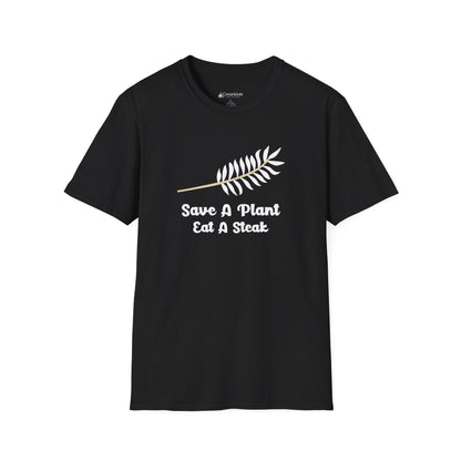 "Save A Plant, Eat A Steak" Retro Vegan Vegetarian Humor T-shirt