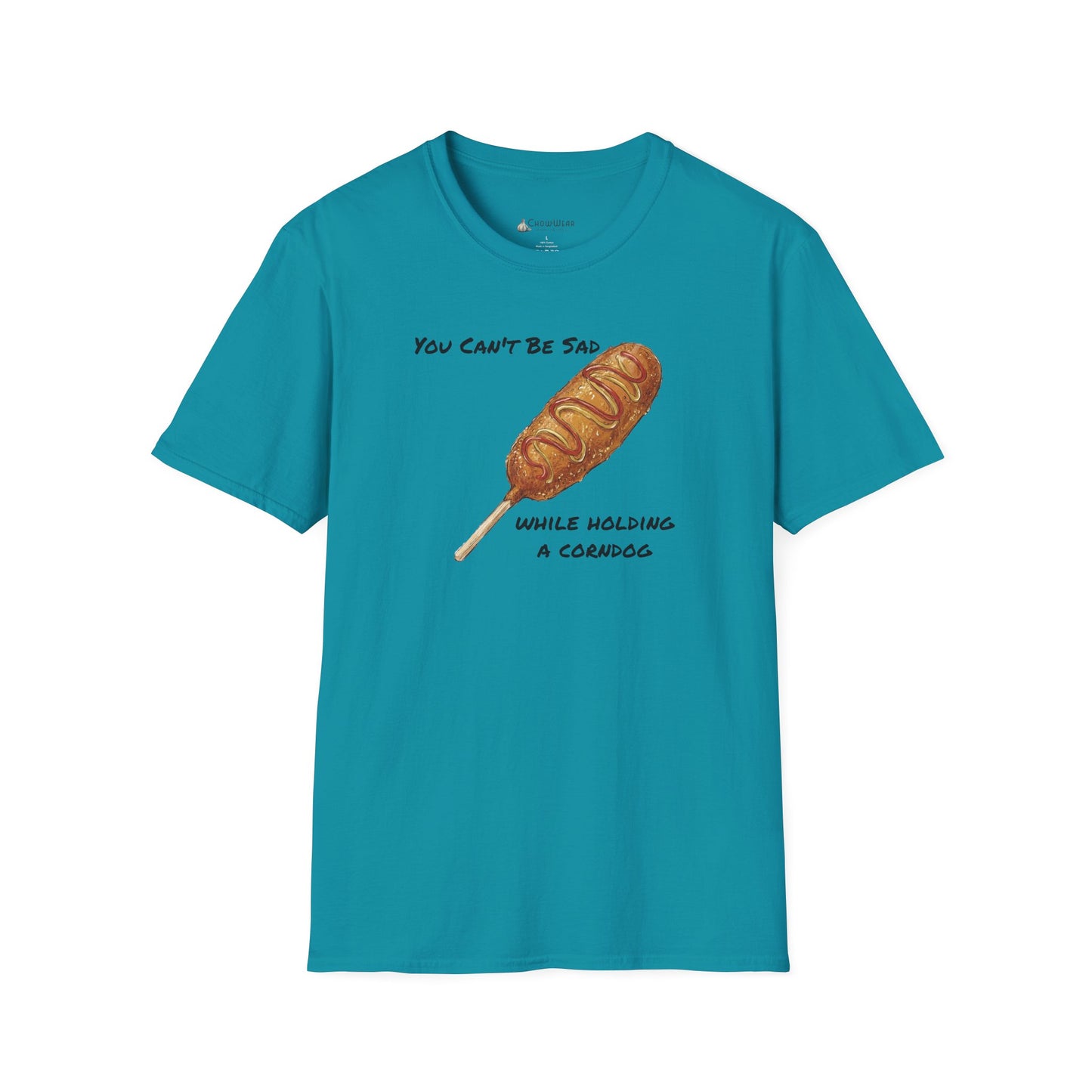 Corn Dog T-Shirt - "You Can't Be Sad While Holding a Corndog" Funny Hotdog Tee
