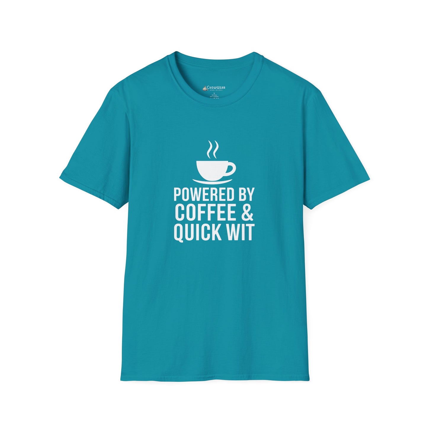 Coffee T-Shirt — "Powered by Coffee & Quick Wit" Funny Tee