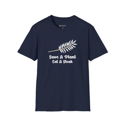 "Save A Plant, Eat A Steak" Retro Vegan Vegetarian Humor T-shirt