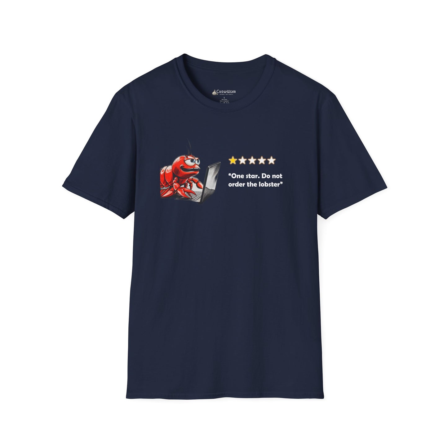 Lobster Influencer Foodie Review T-Shirt — Funny Seafood Critic ("One star. Do not order the lobster.")