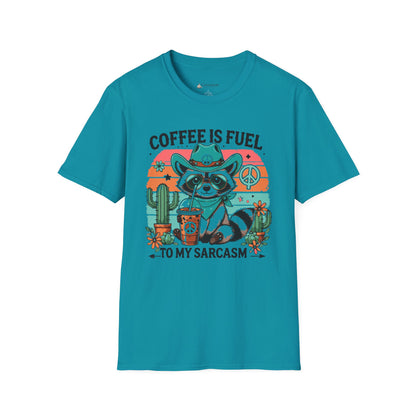 Coffee Is Fuel To My Sarcasm T-Shirt — Funny Raccoon Coffee Lover Tee