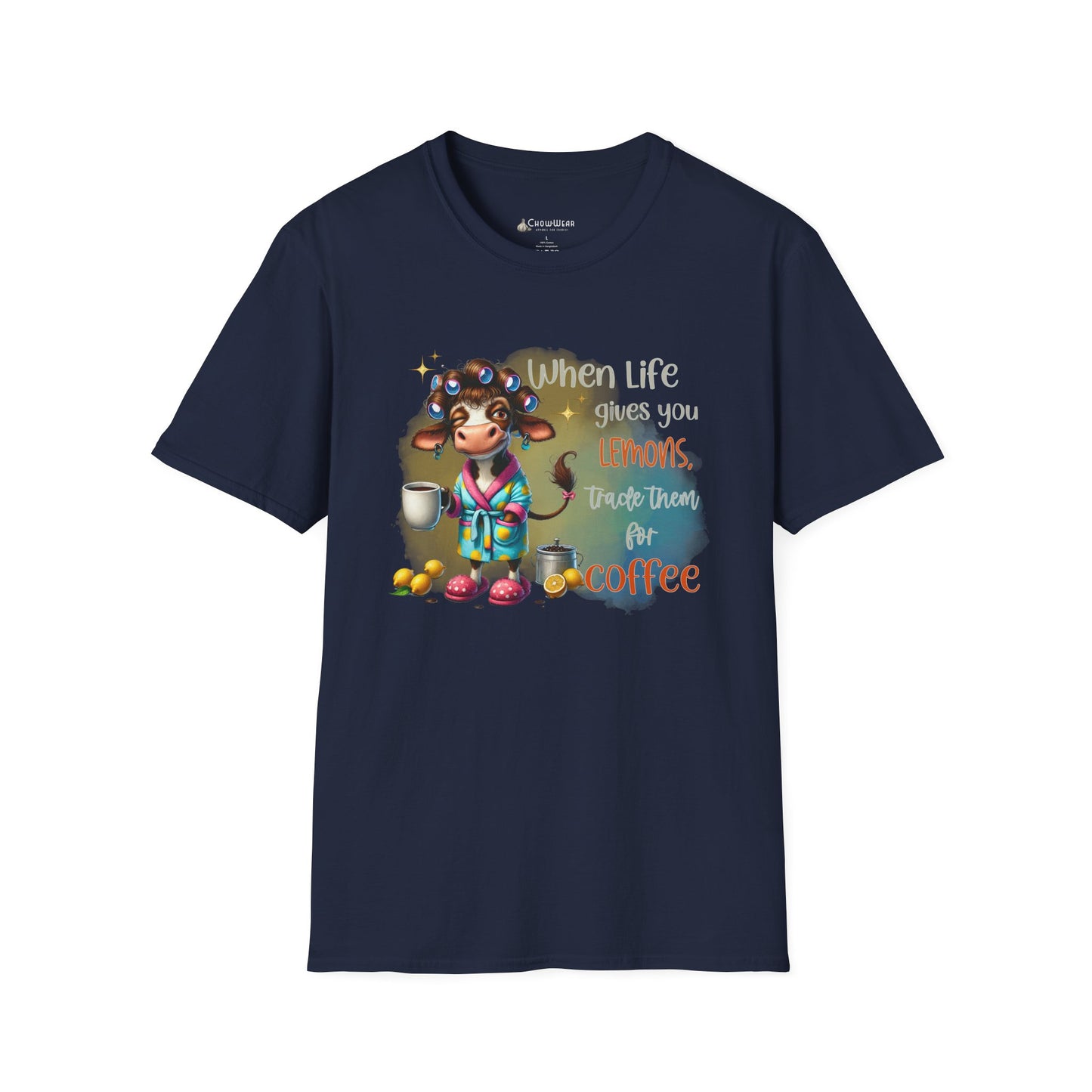 Coffee Cow Funny T-Shirt — "When Life Gives You Lemons Trade Them for Coffee"