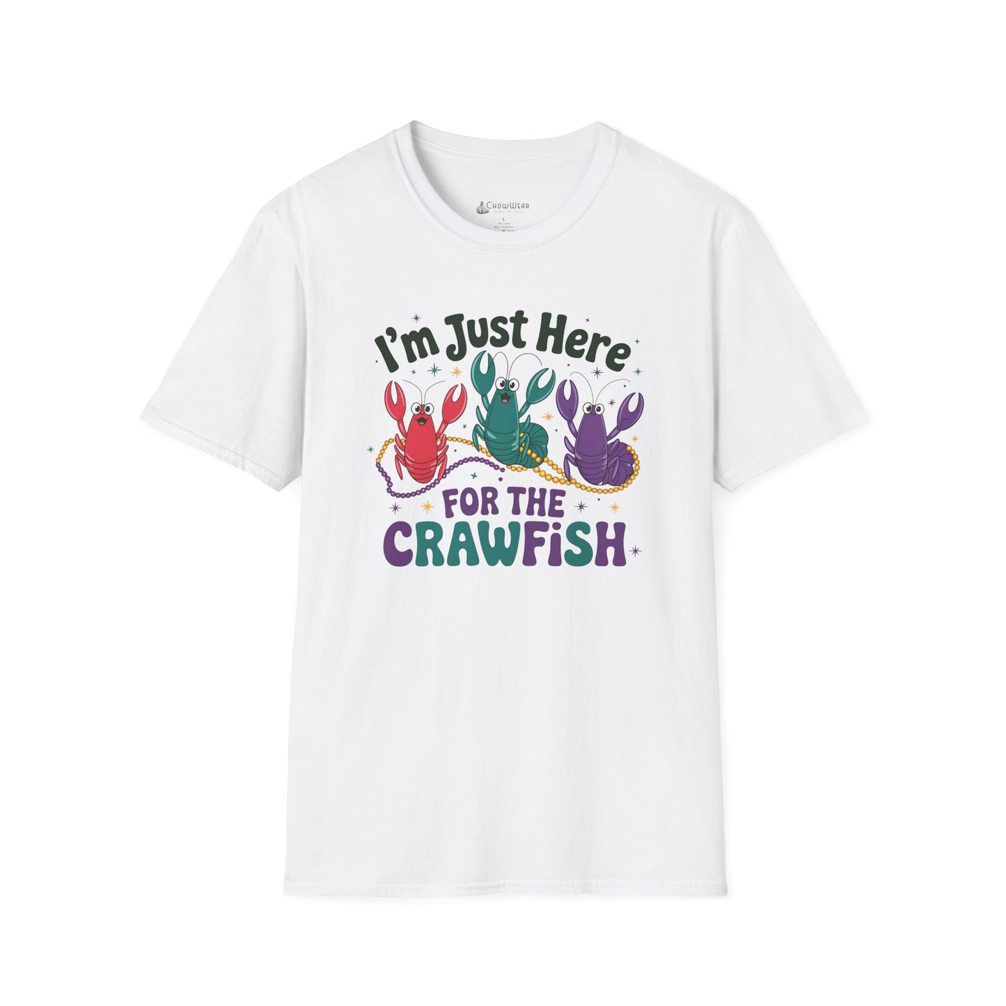 Crawfish T-Shirt – "I'm Just Here for the Crawfish" Colorful Mardi Gras Seafood