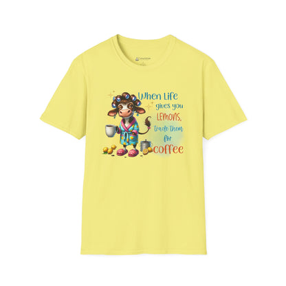 Coffee Cow Funny T-Shirt — "When Life Gives You Lemons Trade Them for Coffee"