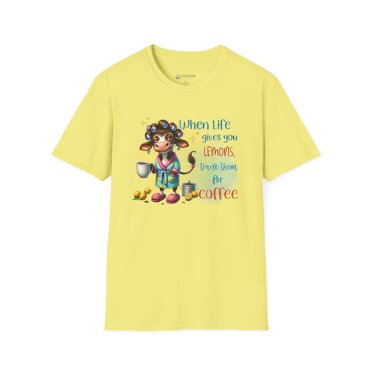 Coffee Cow Funny T-Shirt — "When Life Gives You Lemons Trade Them for Coffee"