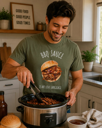 T-Shirt — "BBQ Sauce Is My Love Language" Pulled Pork Sandwich Tee