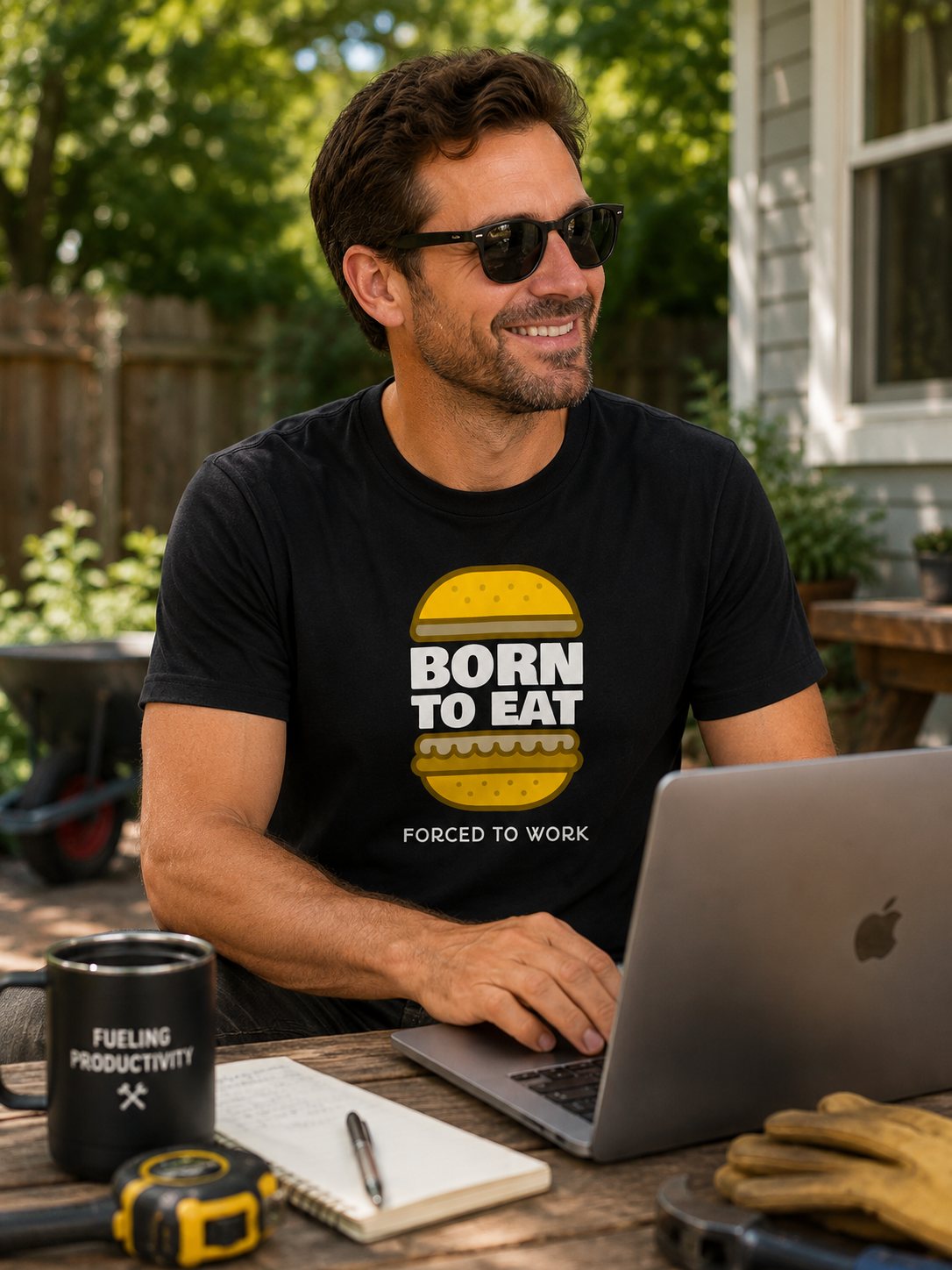 Born to Eat Burger T-Shirt — Funny Food Lover Tee ("Forced to Work")