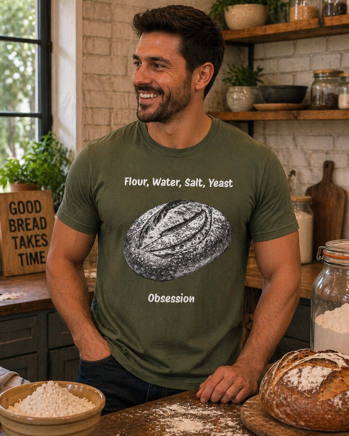Bread Baker T-Shirt – “Flour, Water, Salt, Yeast: Obsession” Artisan Sourdough Tee