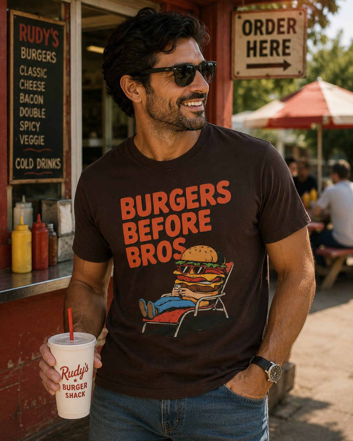 Burgers Before Bros T-Shirt — Funny Retro Hamburger Tee