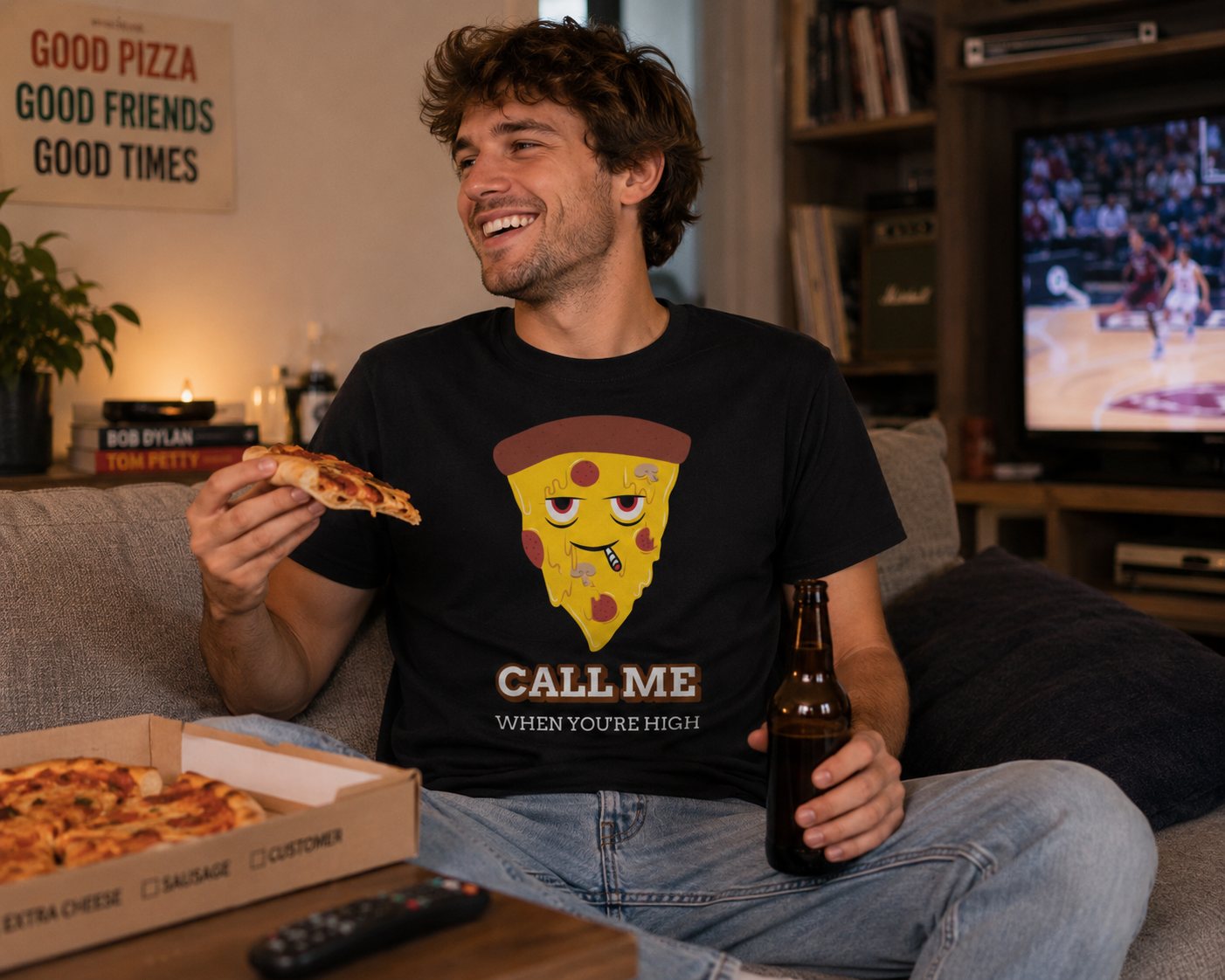 Funny Pizza "Call Me When You're High" Cartoon T-shirt