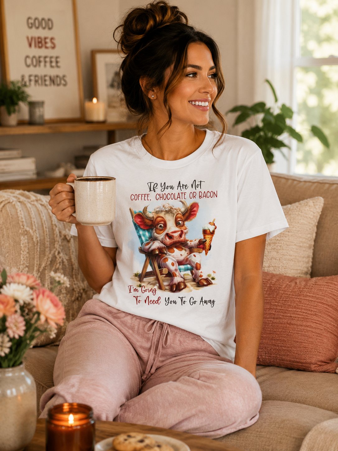 Funny Foodie T-Shirt — "If You Are Not Coffee, Chocolate or Bacon I'm Going To Need You To Go Away"