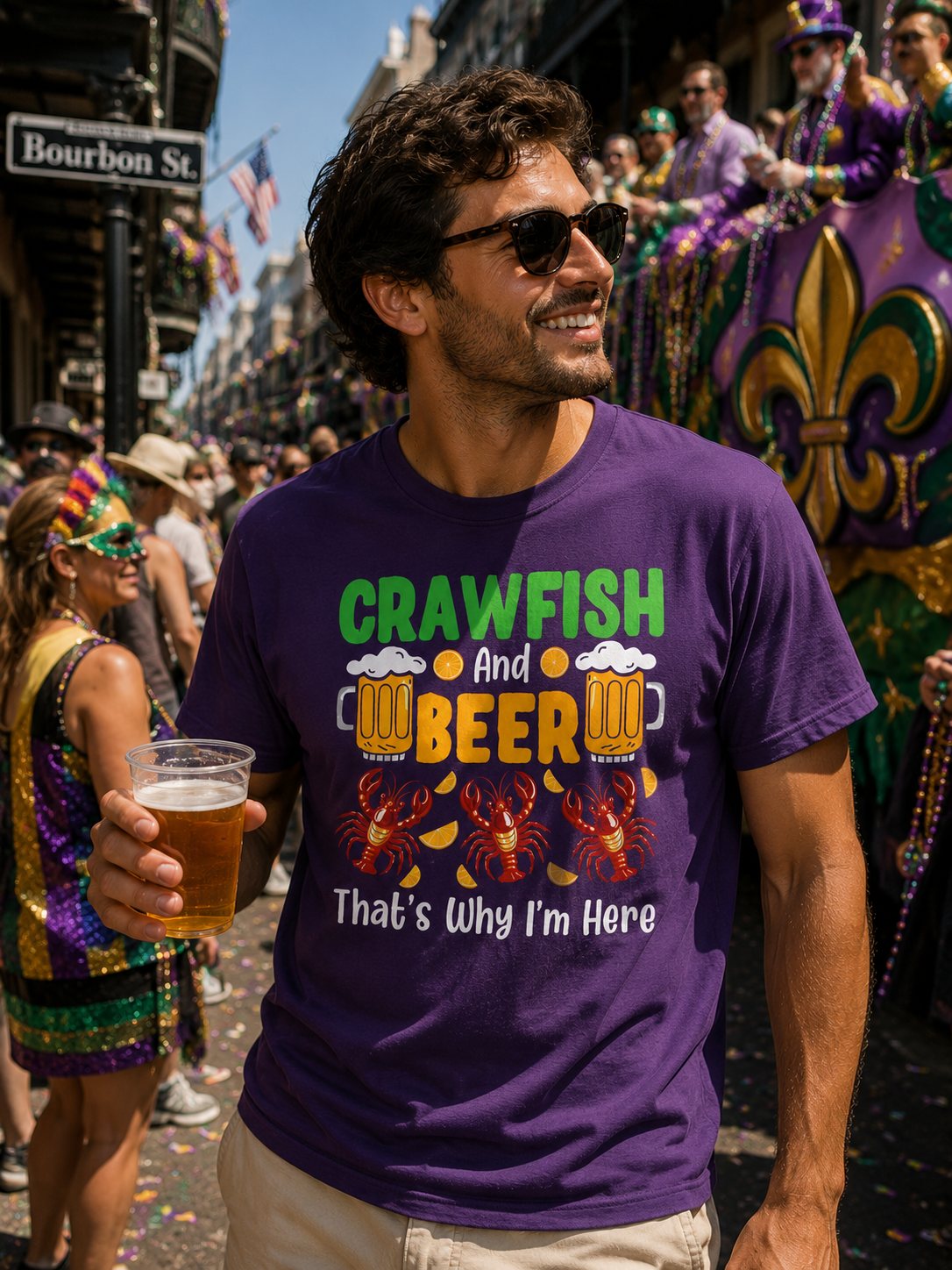 Mardi Gras T-Shirt – 'Crawfish And Beer That's Why I'm Here' Cajun Seafood Festival Tee