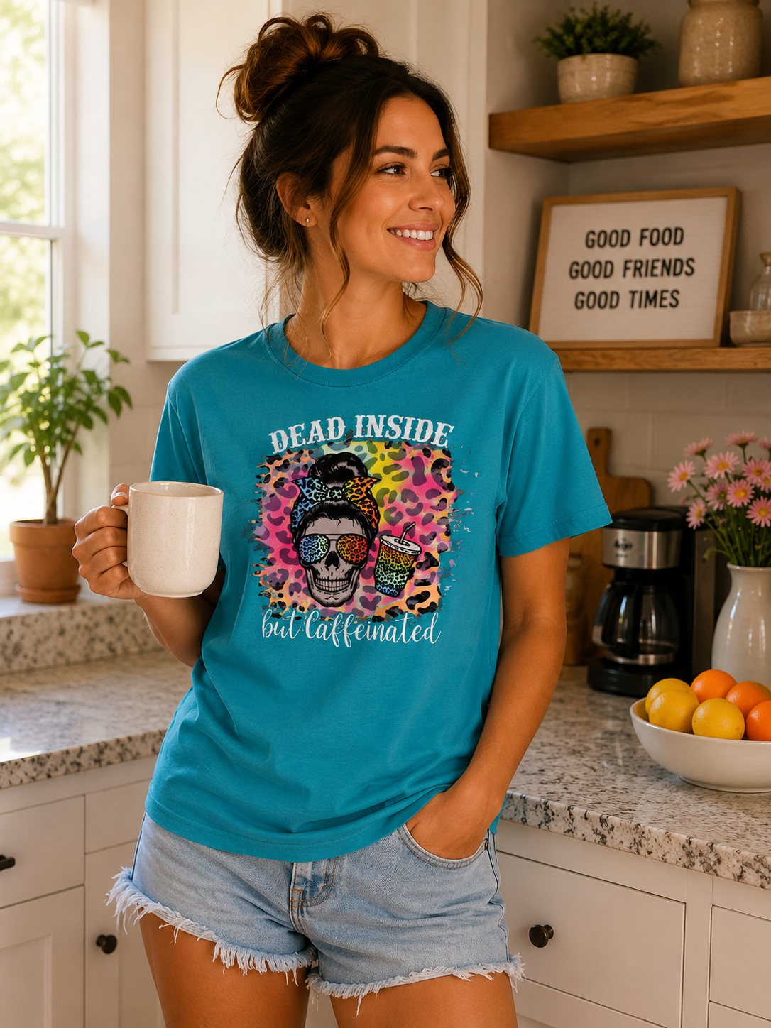 Dead Inside But Caffeinated T-Shirt — Funny Colorful Skull Coffee Tea