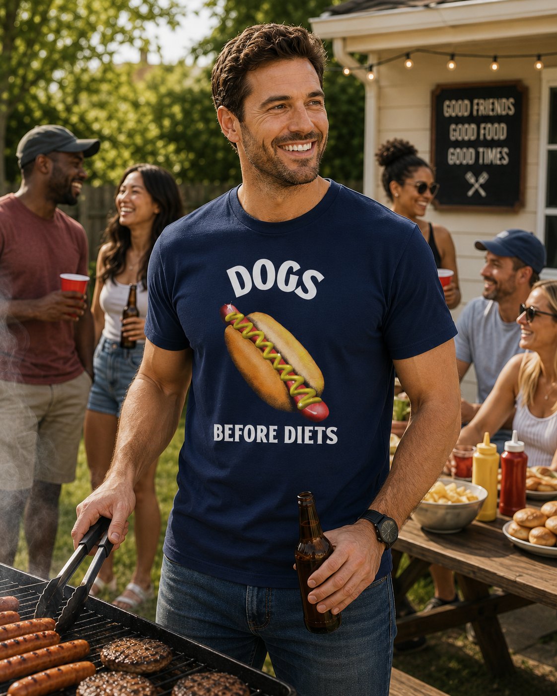 Dogs Before Diets Hot Dog Graphic T‑Shirt — Funny Foodie Dog Lover Tee