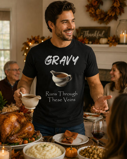 Gravy Runs Through These Veins T-Shirt — Funny Thanksgiving Comfort Food Tee