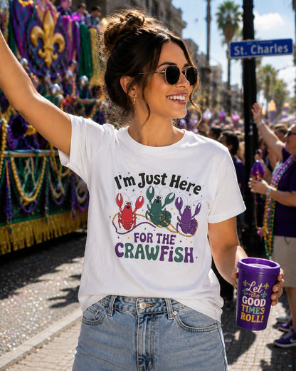 Crawfish T-Shirt – "I'm Just Here for the Crawfish" Colorful Mardi Gras Seafood