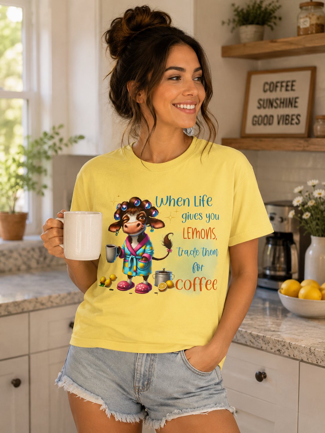 Coffee Cow Funny T-Shirt — "When Life Gives You Lemons Trade Them for Coffee"