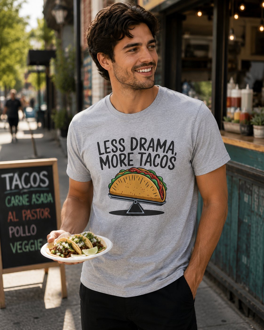 T-Shirt — "Less Drama, More Tacos" Funny Taco Mexican Food Tee