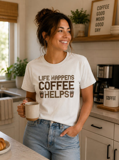 Coffee Lovers T-Shirt — "Life Happens, Coffee Helps" Graphic Tee