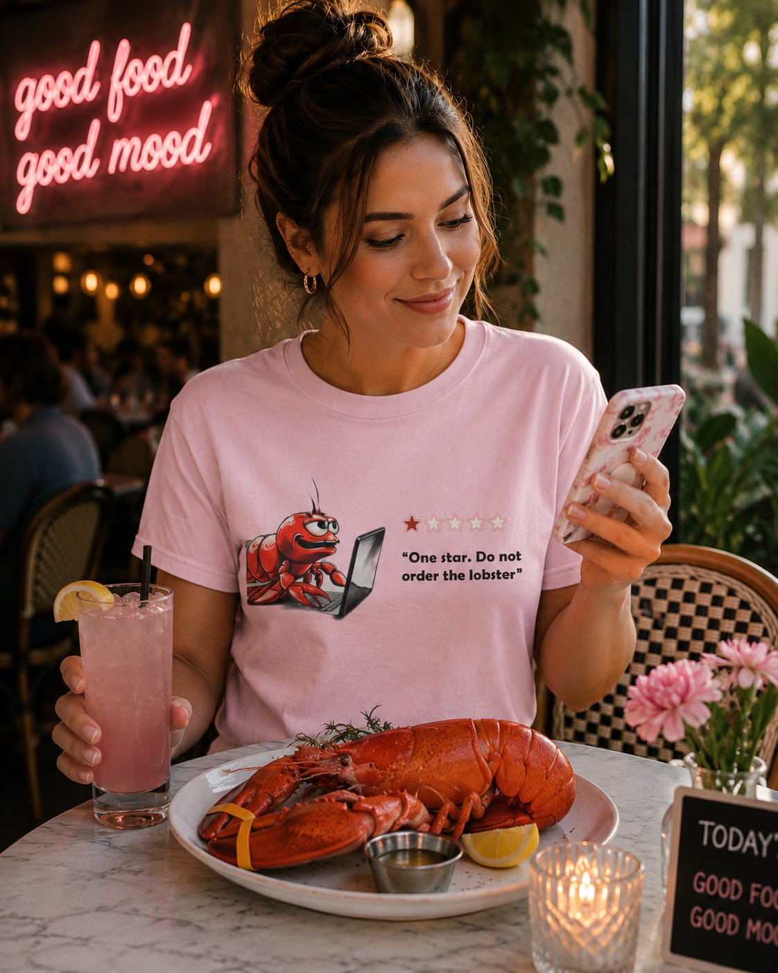 Lobster Influencer Foodie Review T-Shirt — Funny Seafood Critic ("One star. Do not order the lobster.")