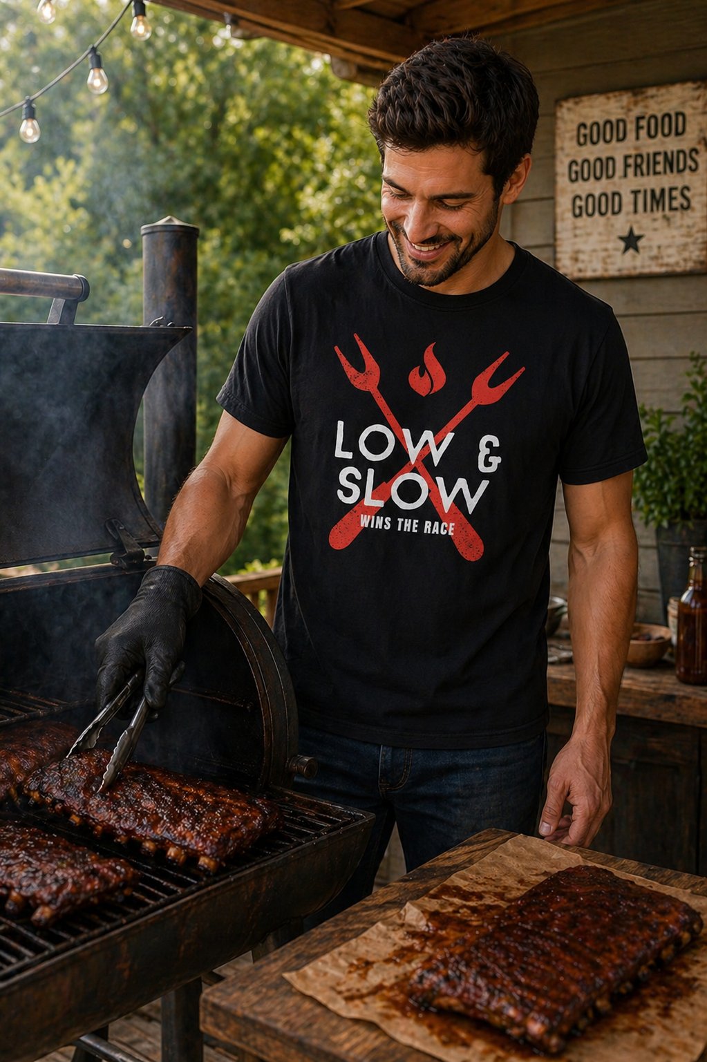 Slow & Low BBQ T-Shirt — 'Low & Slow Wins the Race' Grilled Meat Tee
