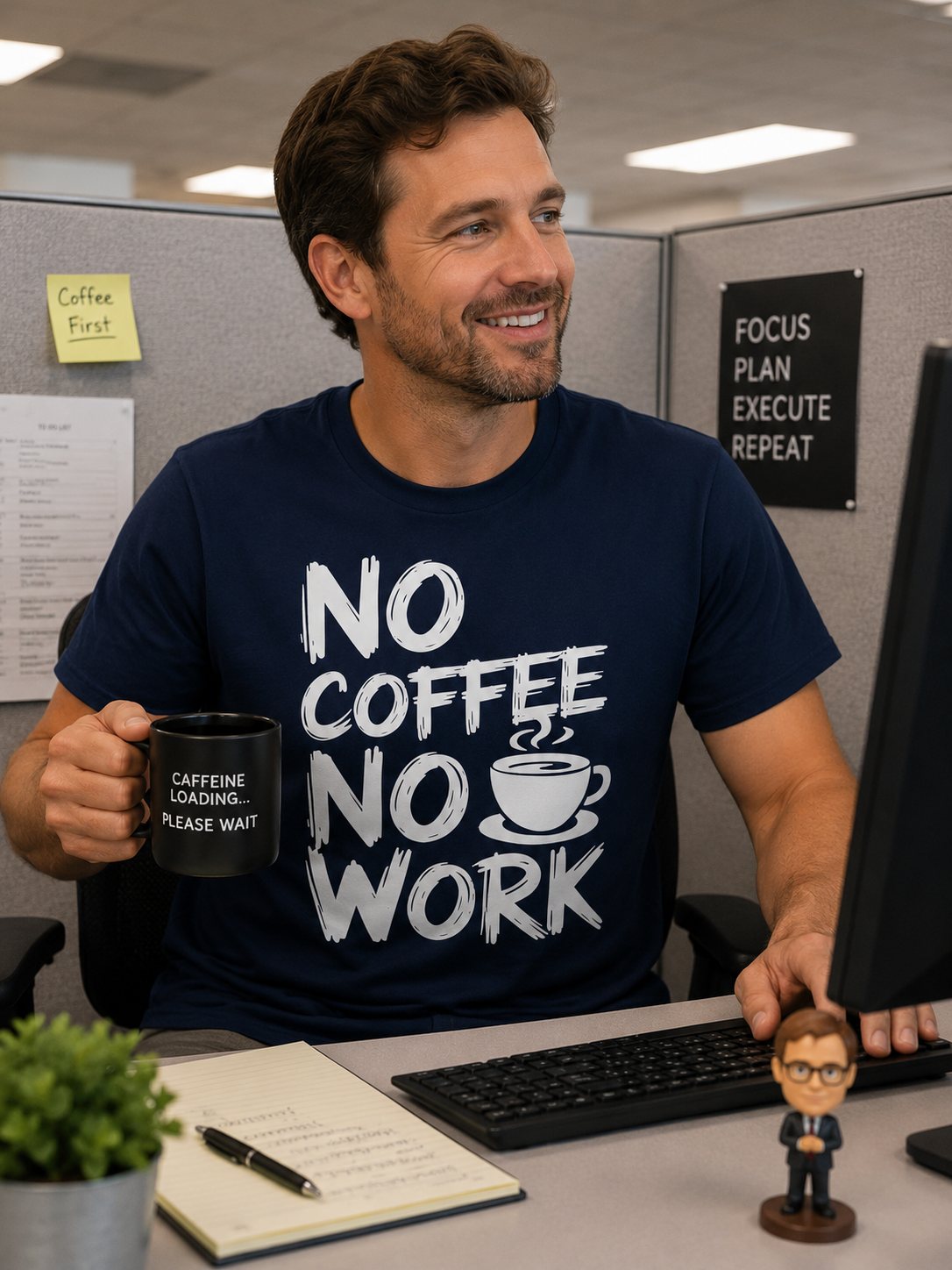 T-Shirt — "No Coffee No Work" Funny Coffee Lover Tee