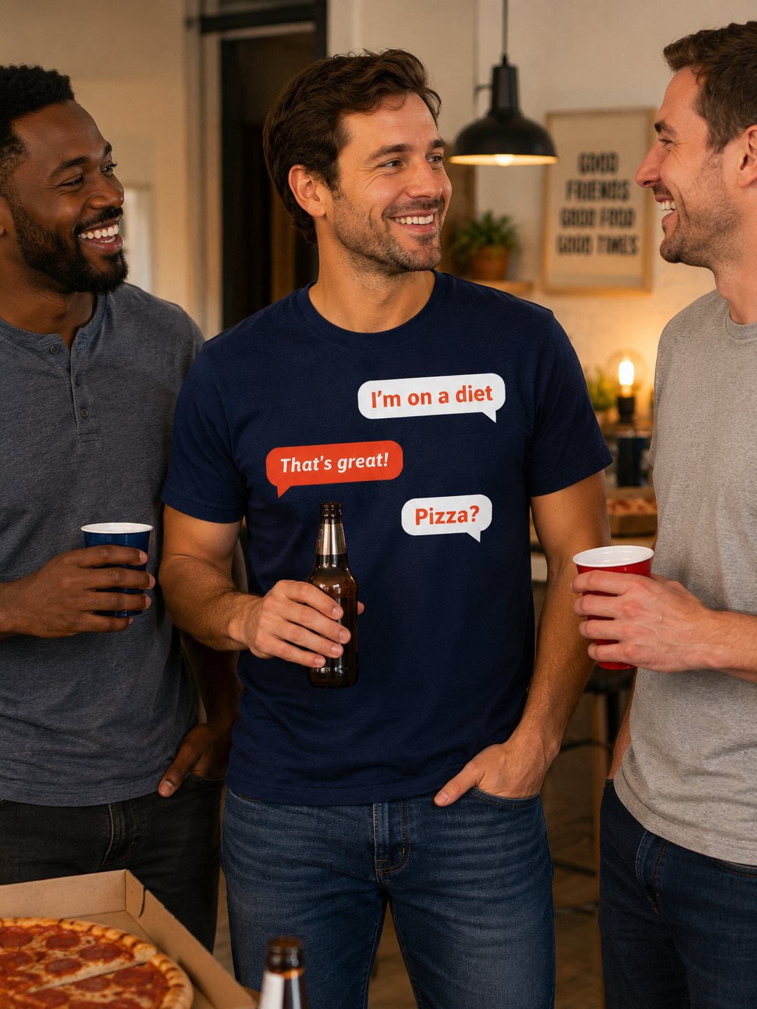 T-Shirt — Funny "I’m on a diet / That’s great! / Pizza?" Text Message Graphic
