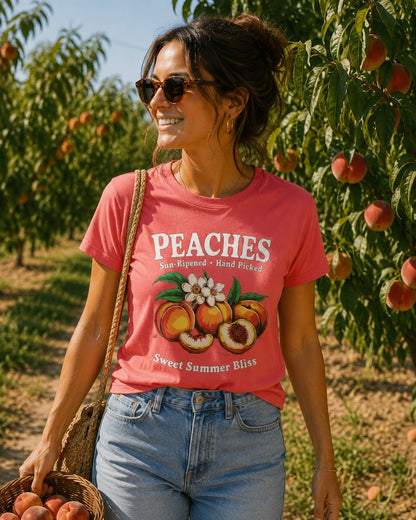 Peaches Vintage T-Shirt — “Peaches: Sun-Ripened • Hand Picked” Summer Fruit Tee