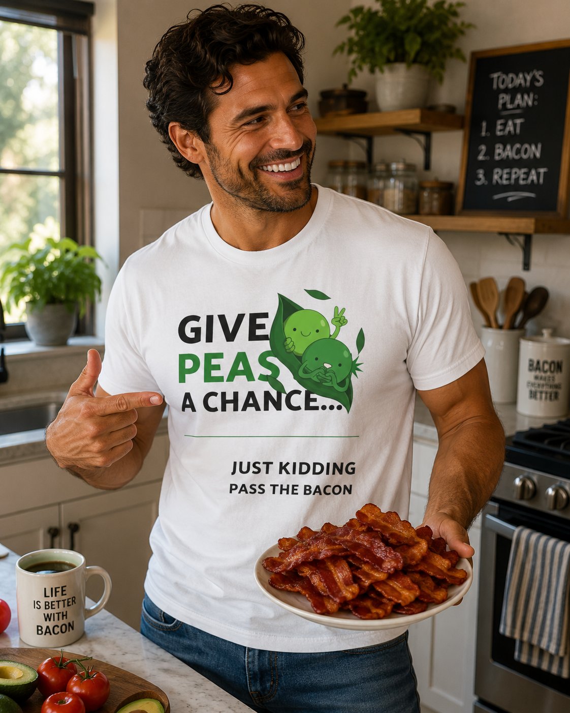 Give Peas a Chance T-Shirt — "Just Kidding, Pass the Bacon" Funny Veggie Humor Tee