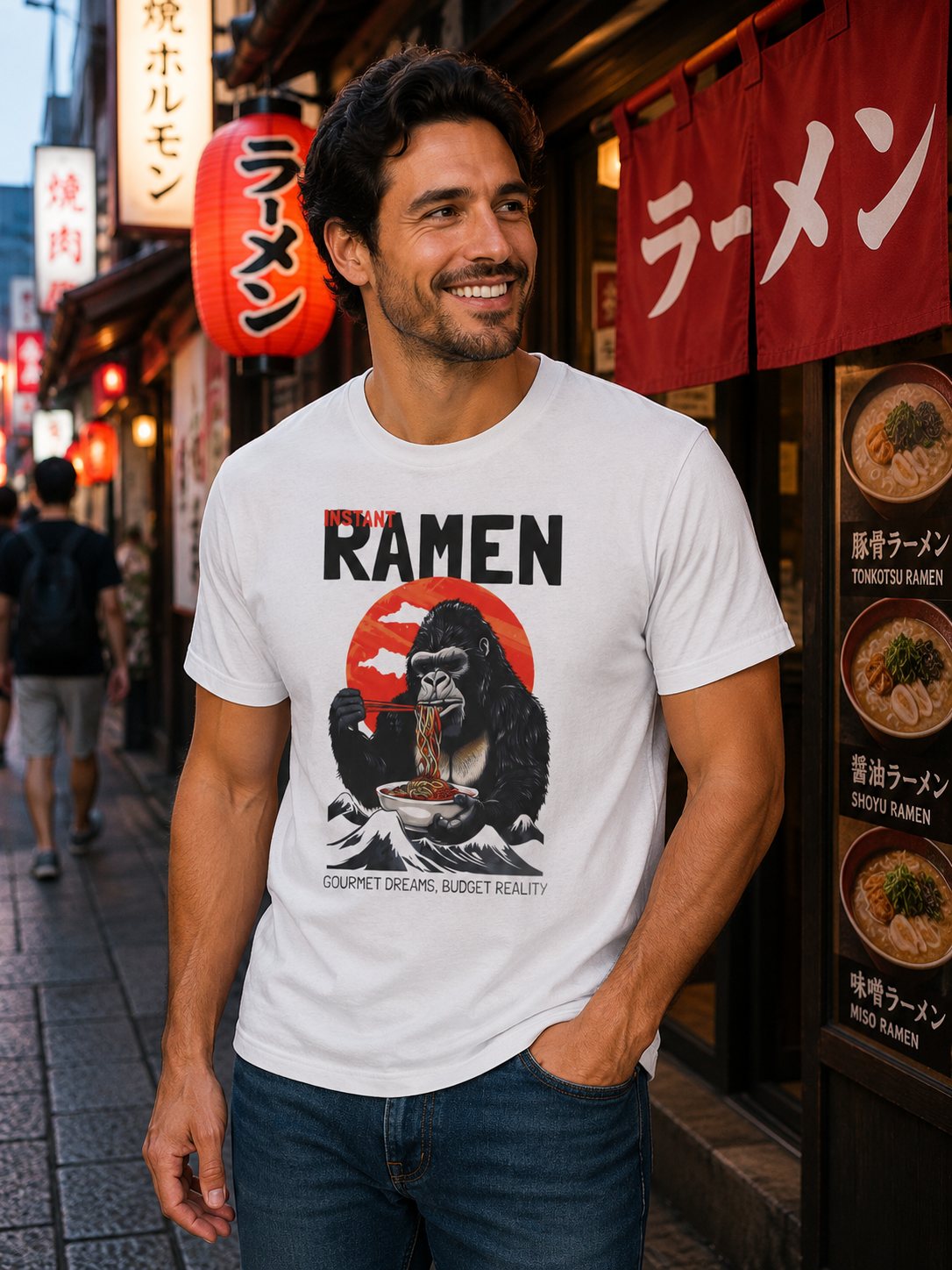 Ramen Gorilla T‑Shirt — Vintage Japan Sunset Noodle Asian Tee