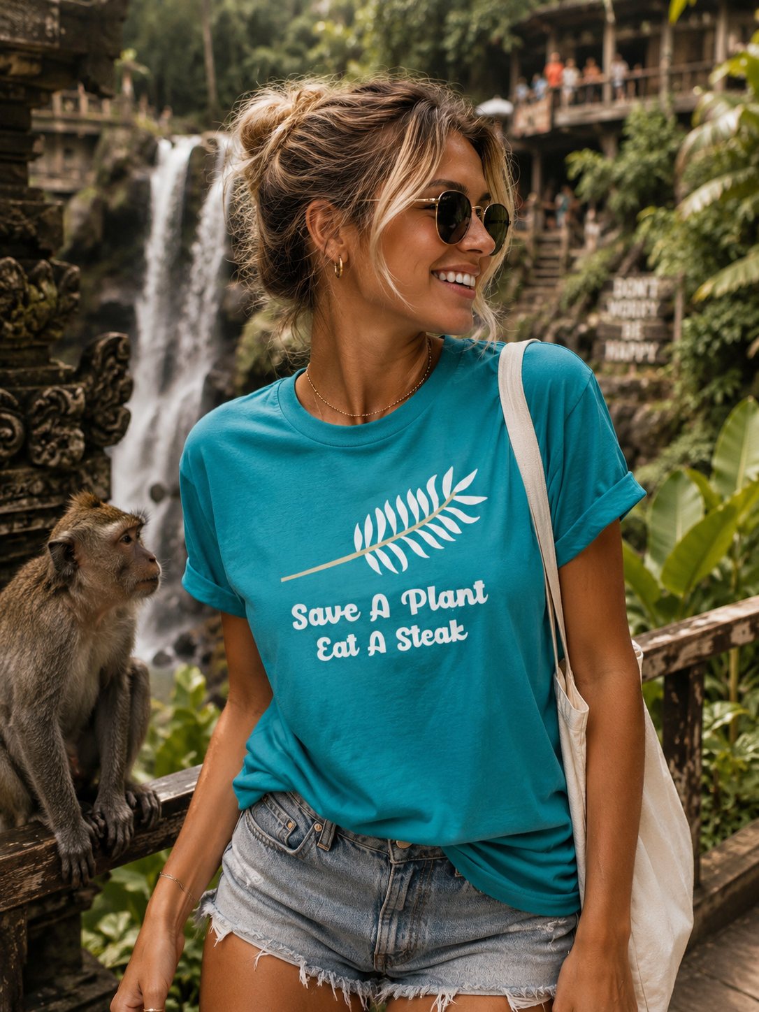 "Save A Plant, Eat A Steak" Retro Vegan Vegetarian Humor T-shirt
