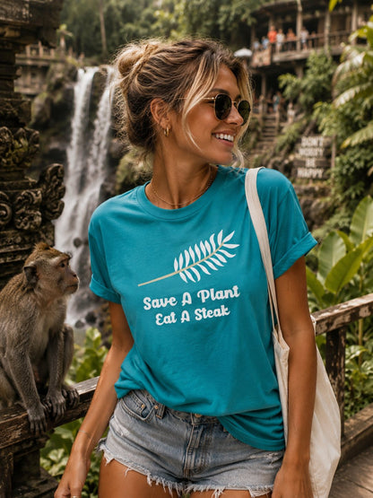 "Save A Plant, Eat A Steak" Retro Vegan Vegetarian Humor T-shirt