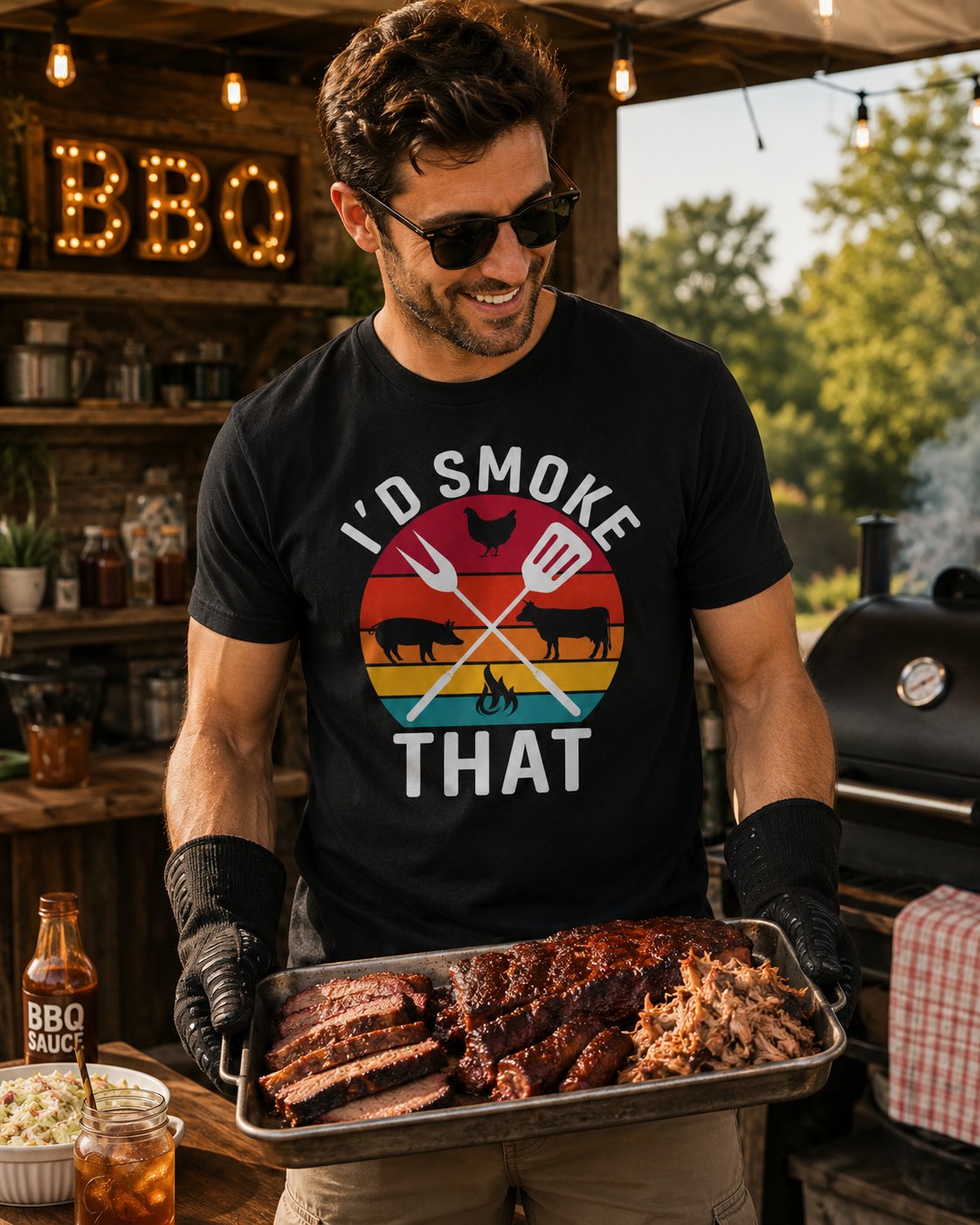 I'd Smoke That BBQ T-Shirt — Vintage Sunset Grill Meat Smoking Shirt