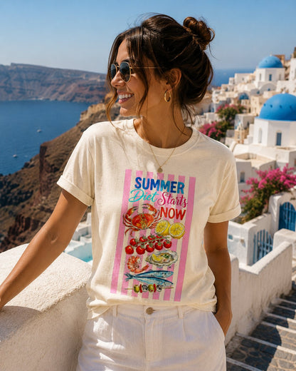 Summer Diet Starts Now T‑Shirt — Retro Beach Fruits & Seafood Graphic