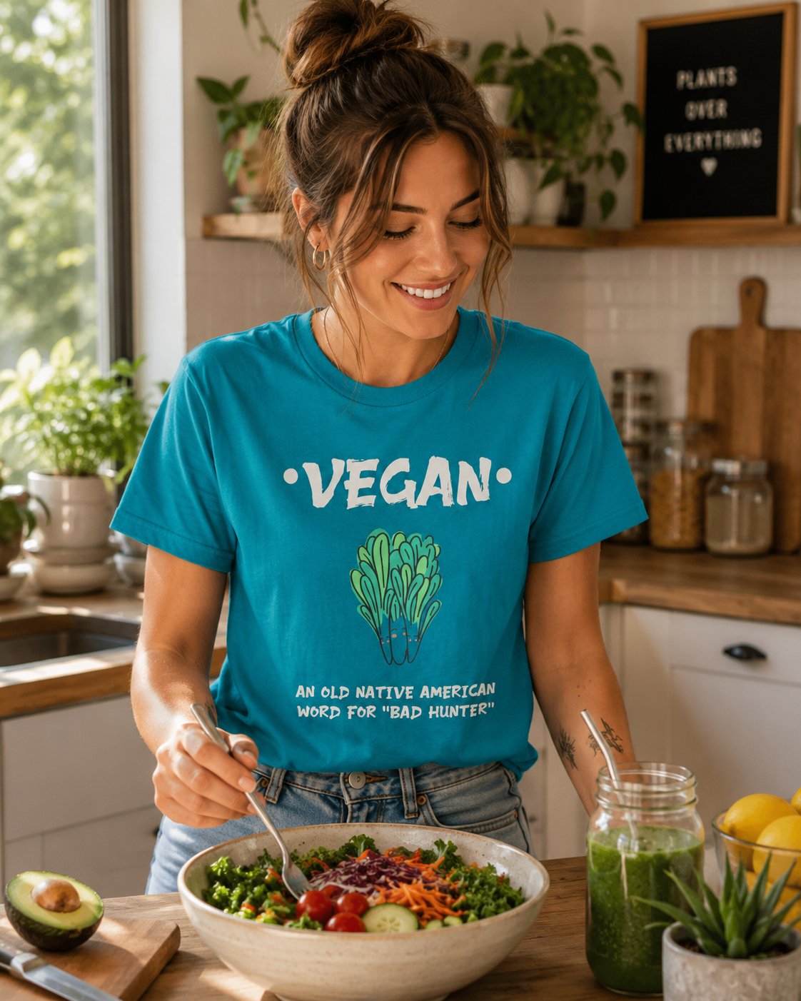Vegan Humor T-Shirt — "Vegan: An Old Native American Word for 'Bad' Hunter'" Plant-Based Graphic Tee